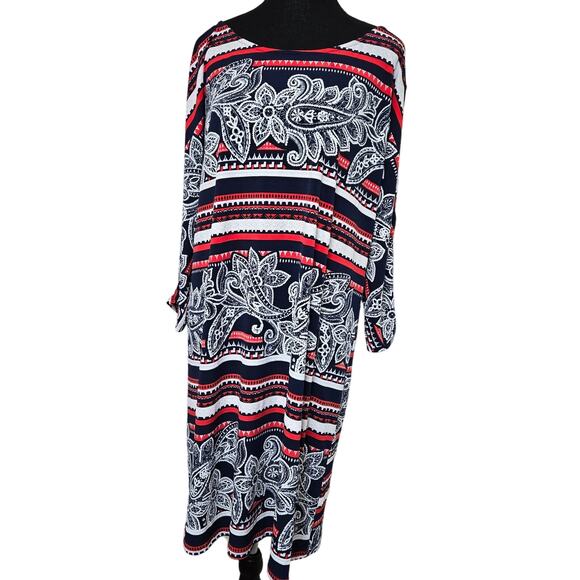 Est 1946 Women's Red White Blue Paisley Floral Elegant Shift 3/4 Open Slve Sz XL - Picture 1 of 13